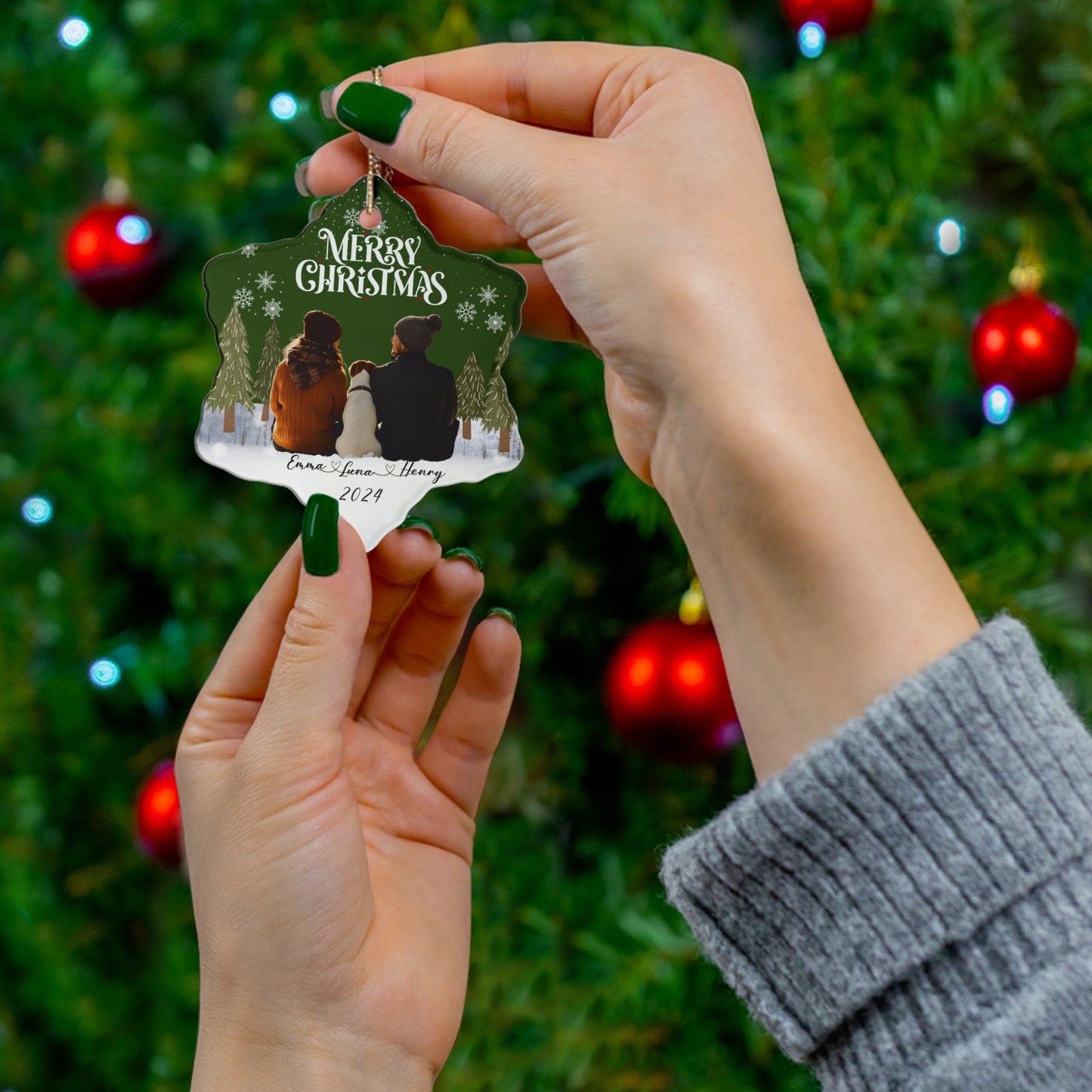 Couple With A Dog, Customizable - Ceramic Ornament, 4 Shapes - 10032