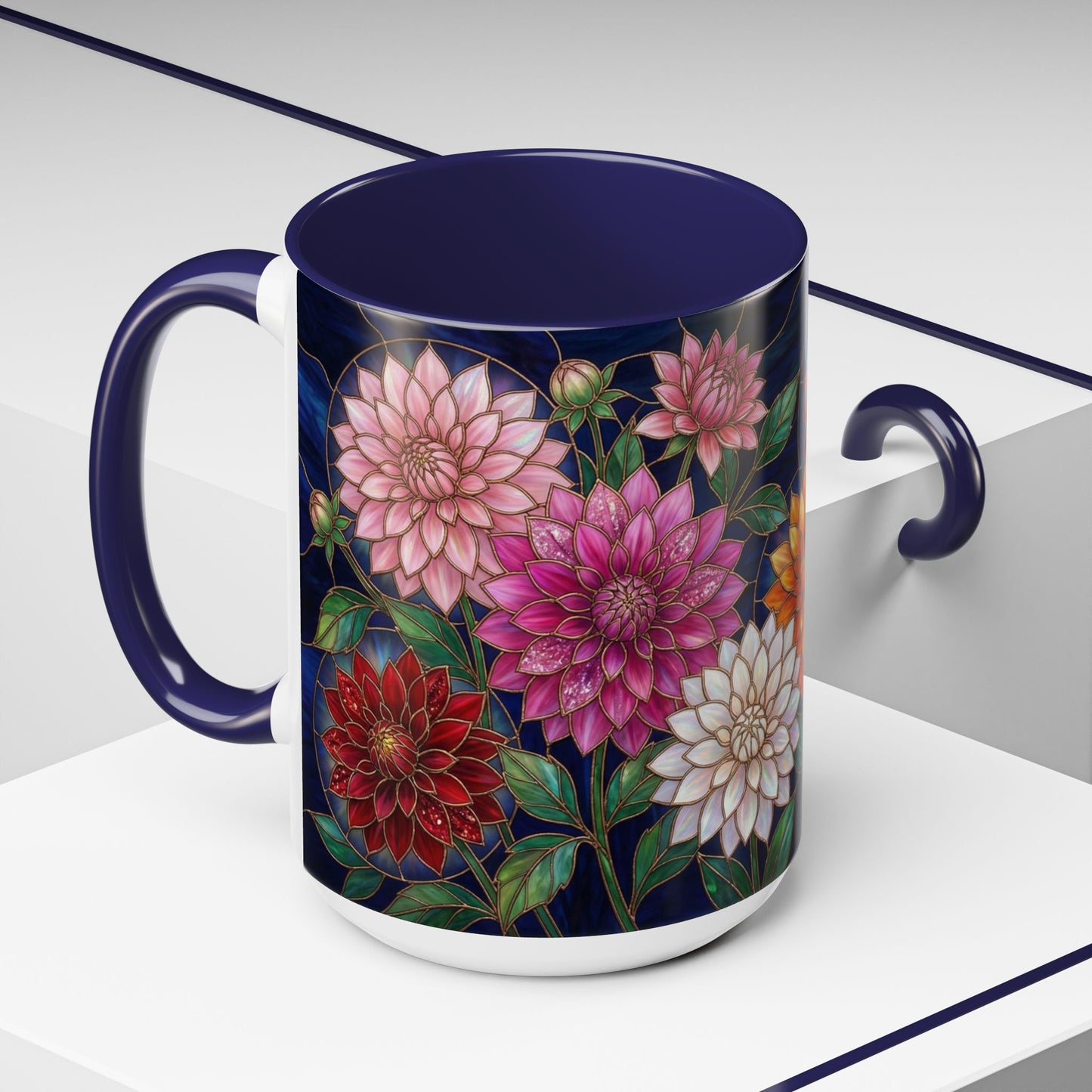 Dahlia Floral Accent Coffee Mug — Stained-Glass Design (11/15oz) - 14562