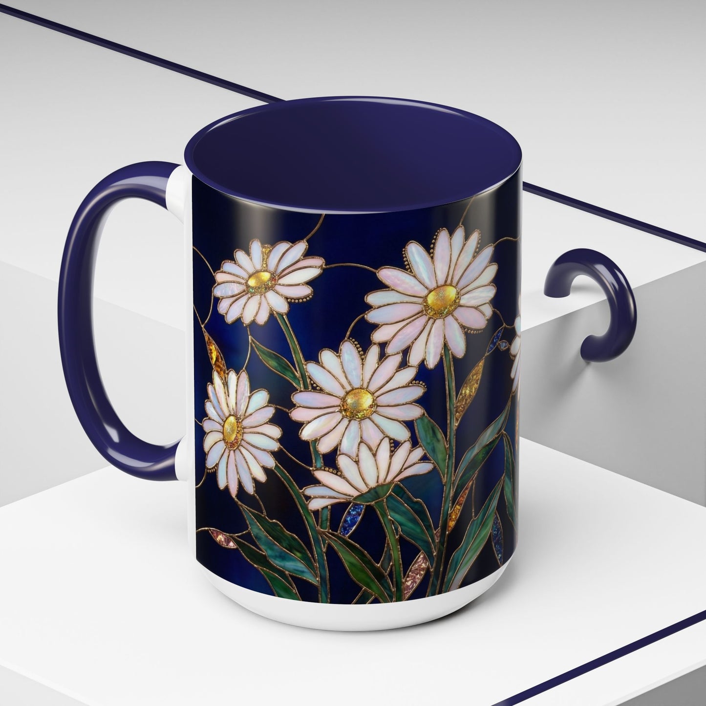 Daisy Floral Accent Coffee Mug — Stained Glass Design (11/15oz) - 14563