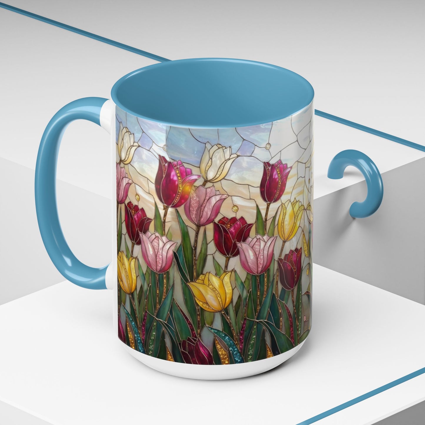 Tulip Stained Glass Accent Coffee Mug — Floral Spring Tea & Coffee Cup (11/15oz) - 14525