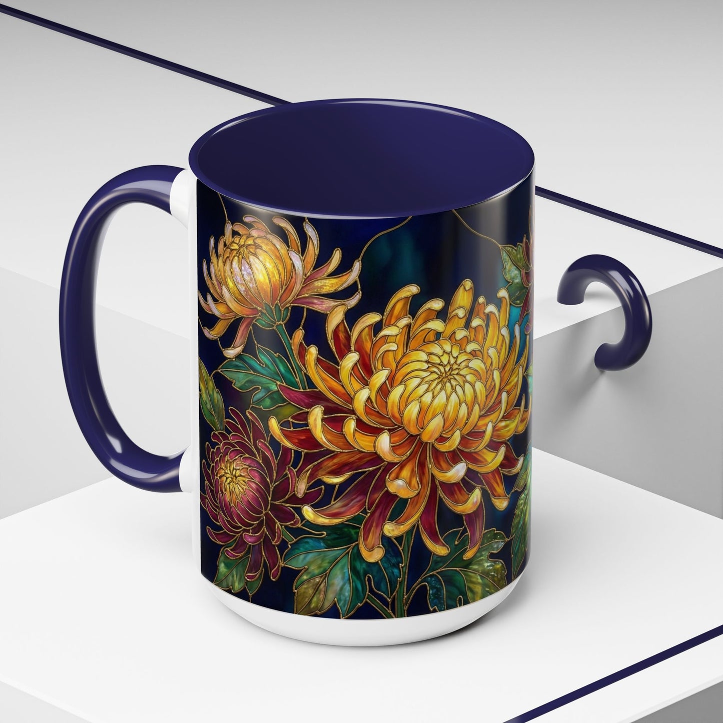 Chrysanthemum Floral Accent Coffee Mug — Stained Glass Design (11/15oz) - 14541