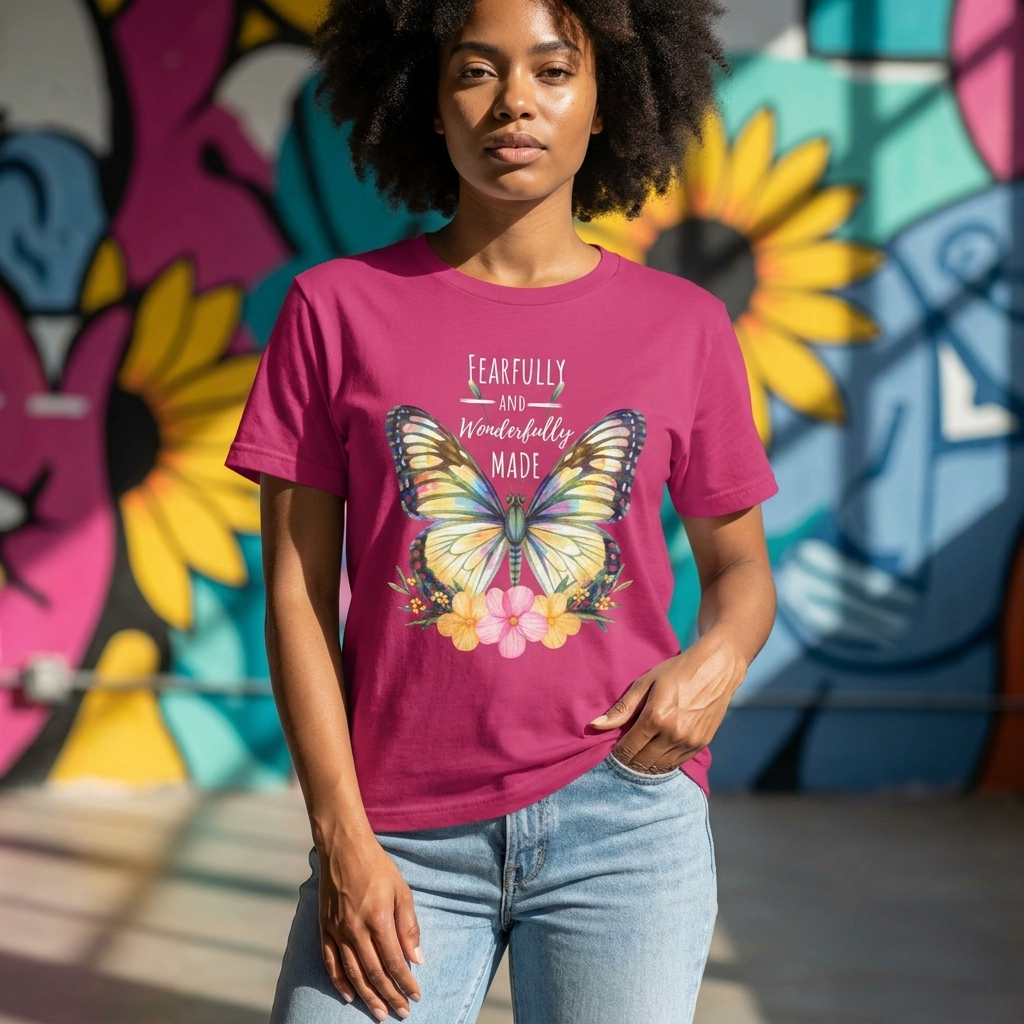 Fearfully and Wonderfully Made Butterfly T-Shirt, Inspirational Floral Faith Tee - 14955