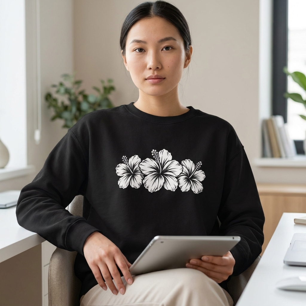 Hibiscus Floral Crewneck Sweatshirt, Tropical Flower Graphic - 14996