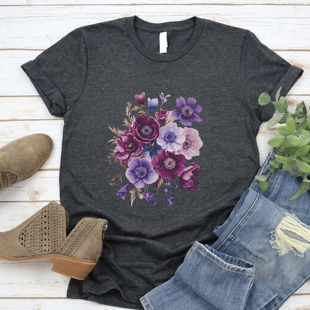 Purple Anemone Bouquet T-Shirt, Watercolor Floral Flower Tee - 14947