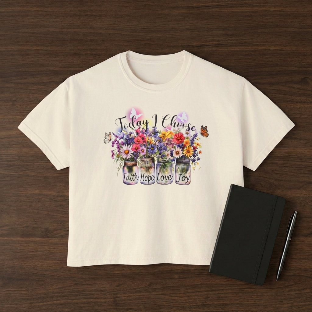 Today I Choose Faith Hope Love Joy Boxy T-Shirt — Floral Mason Jars Tee - 14938