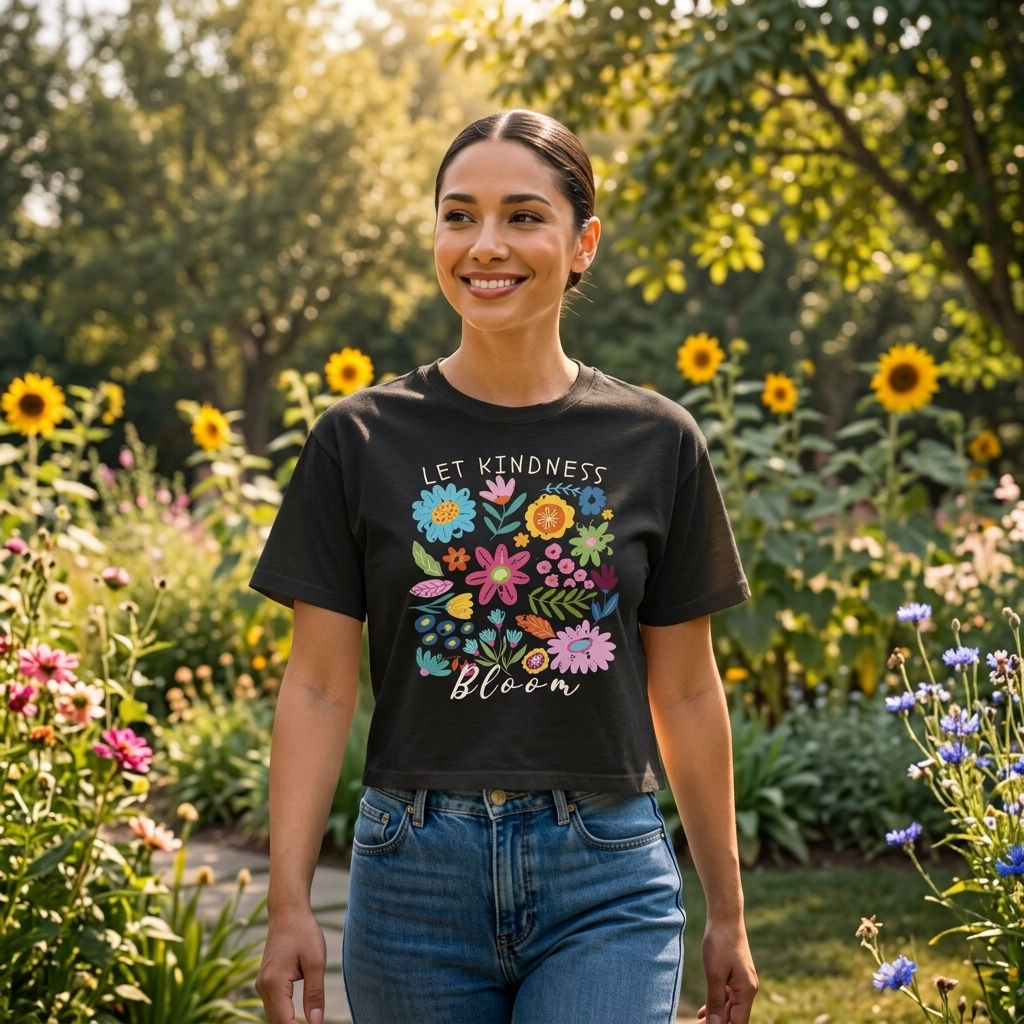 Let Kindness Bloom Floral Boxy T-Shirt, Colorful Inspirational Flower Tee - 14946