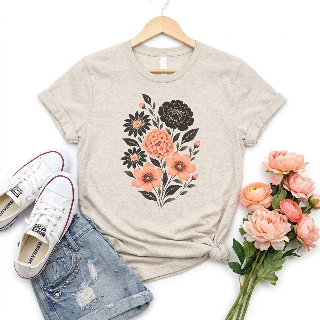 Floral Bouquet T-Shirt, Peach & Black Garden Flower Tee - 14502