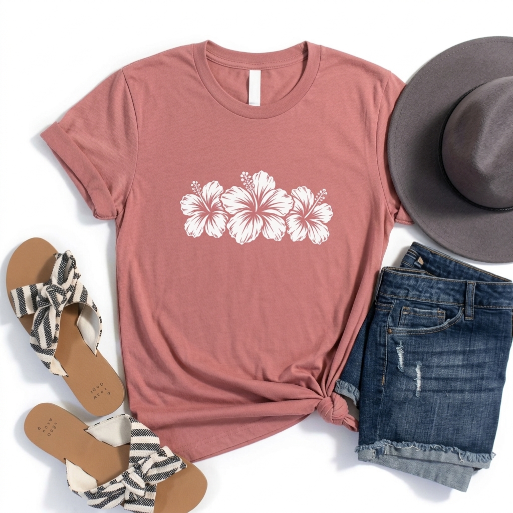 Hibiscus Floral T-Shirt, Tropical Flower Graphic Tee - 14995