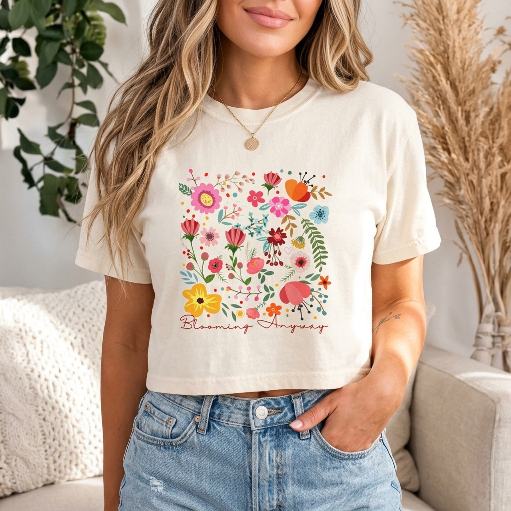 Floral Garden Boxy T-Shirt, Colorful Wildflower Graphic Tee - 14968