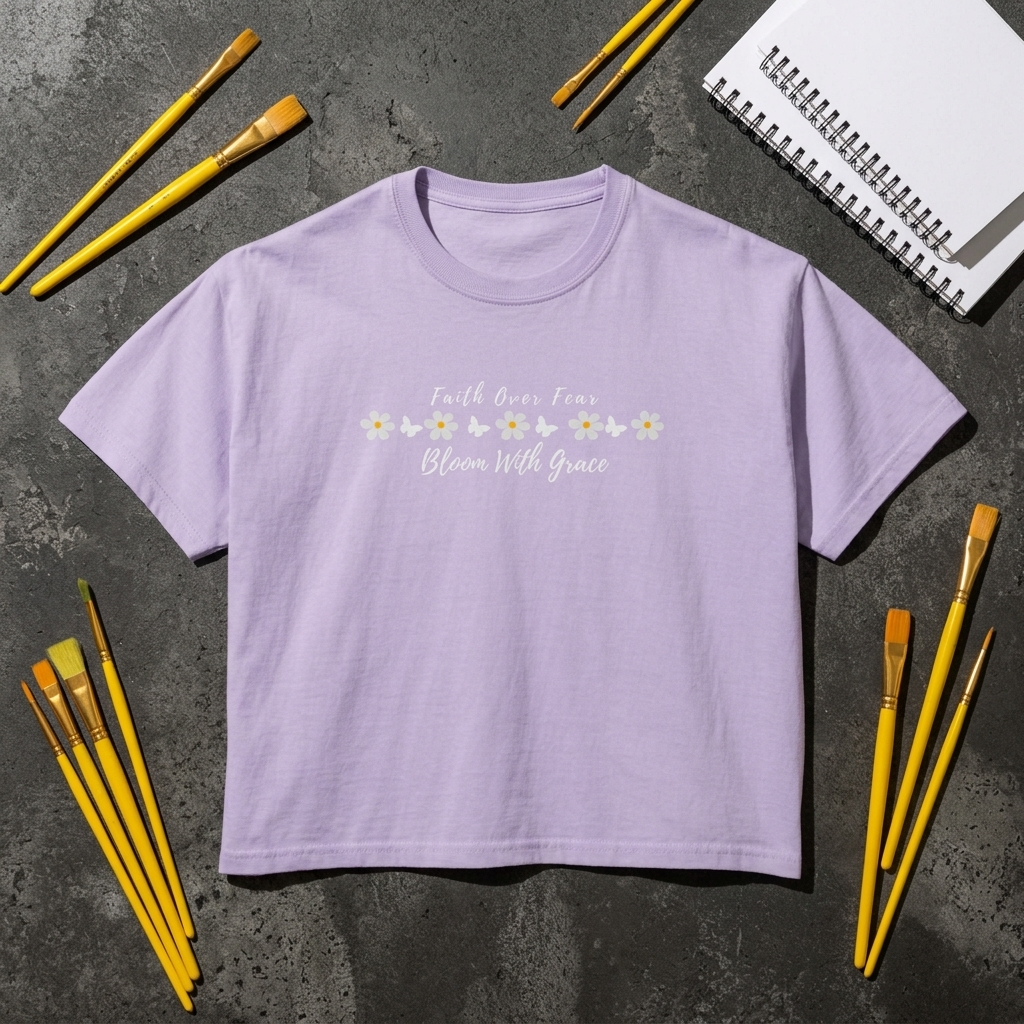 Faith Over Fear Floral Boxy Tee, “Bloom With Grace” Christian Crop Shirt - 14950