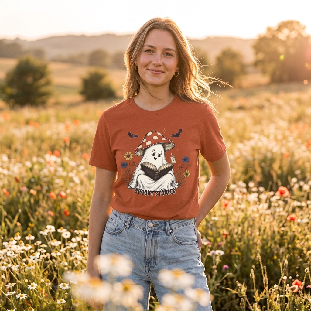 Spooky Stories Ghost T-Shirt, Cute Mushroom Ghost Reading Shirt for Halloween - 14970
