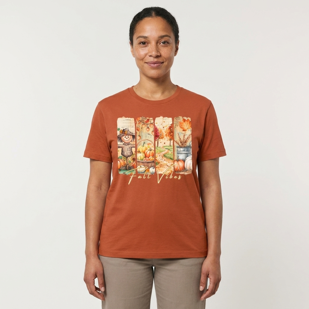 Fall Vibes T-Shirt, Autumn Pumpkin, Scarecrow & Harvest Graphic Tee - 14948