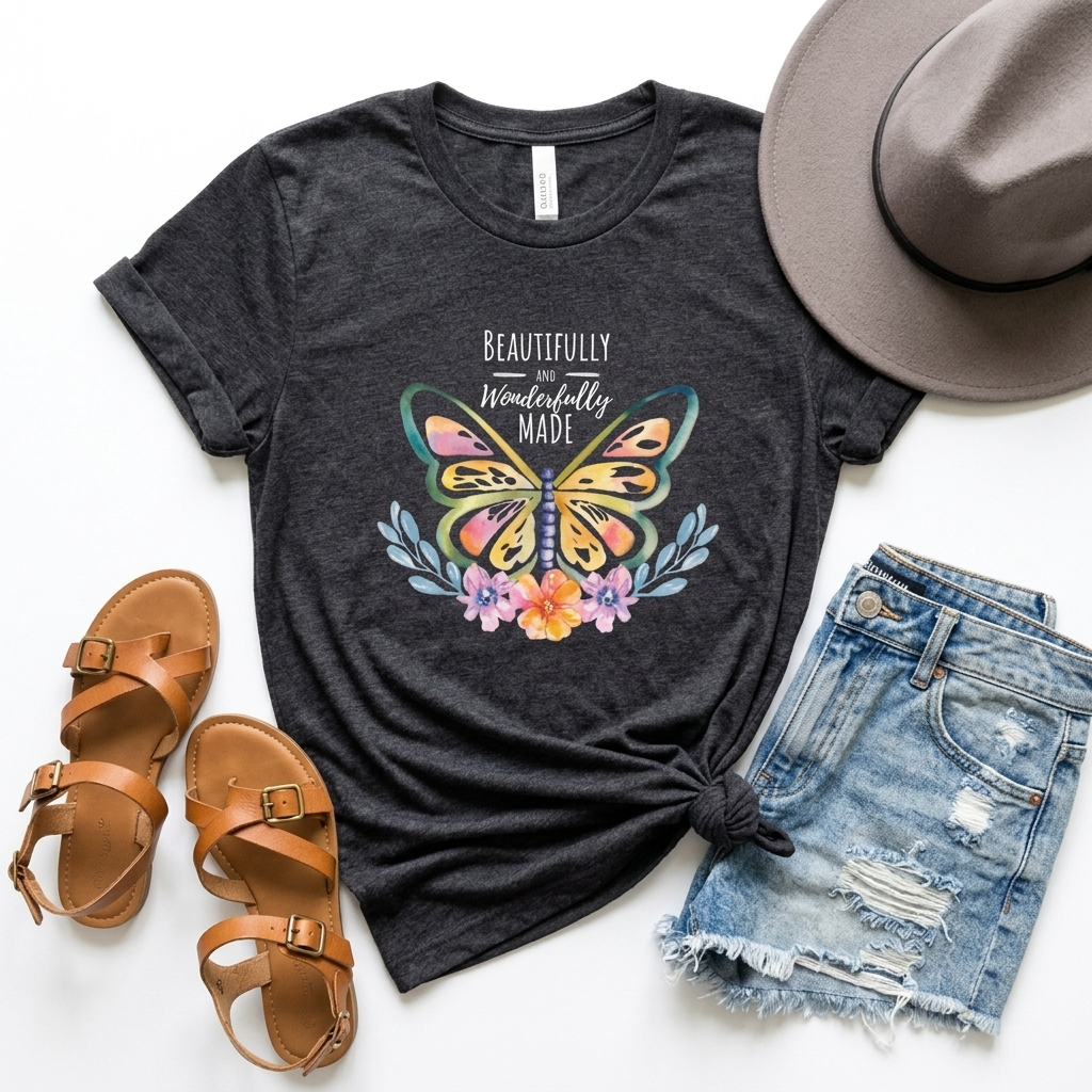 Beautifully & Wonderfully Made Butterfly T-Shirt, Inspirational Floral Graphic Tee - 14954