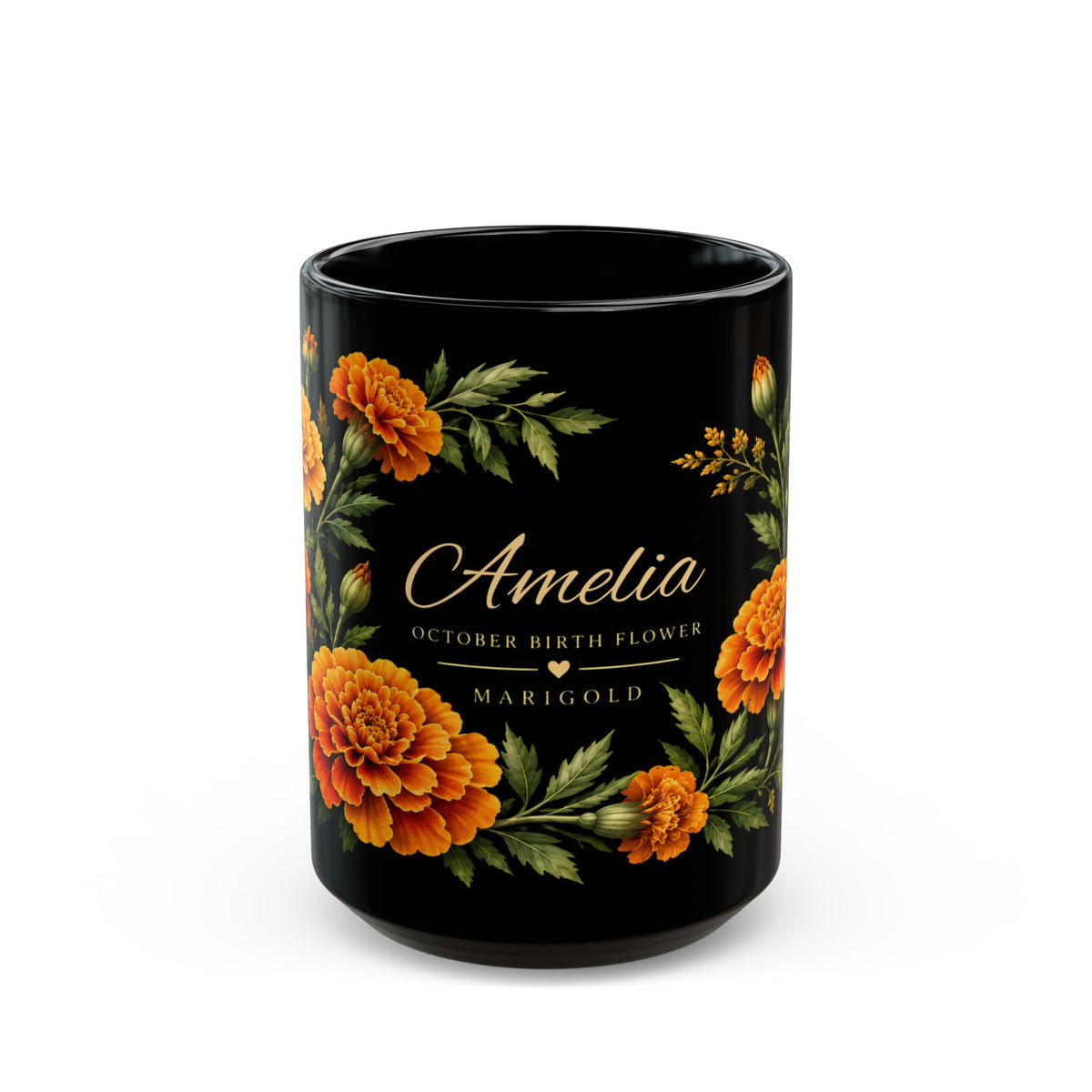 Personalized October Birth Flower Mug,  Marigold Black Coffee Cup, Custom Name 11oz/15oz - 14976