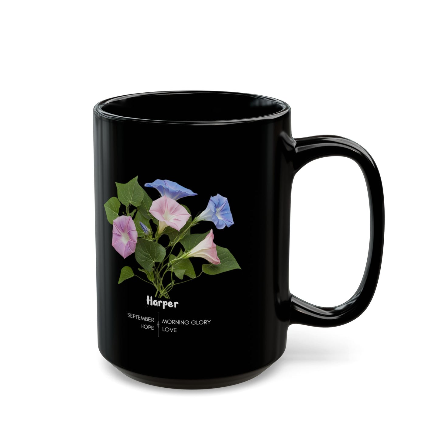 The Happy Birthday: September Born, Morning Glory Flower, Customizable - Black Mug (11oz, 15oz)