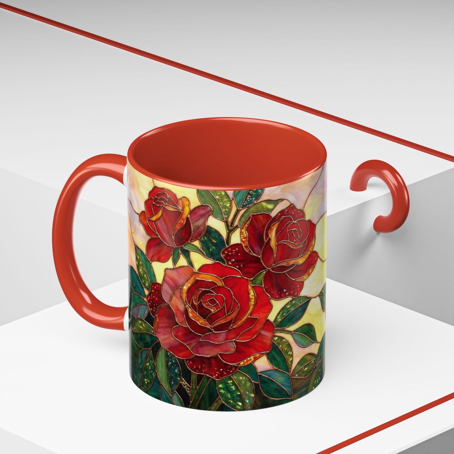 Rose Stained Glass Accent Coffee Mug – Red Roses Floral 11/15oz - 14539