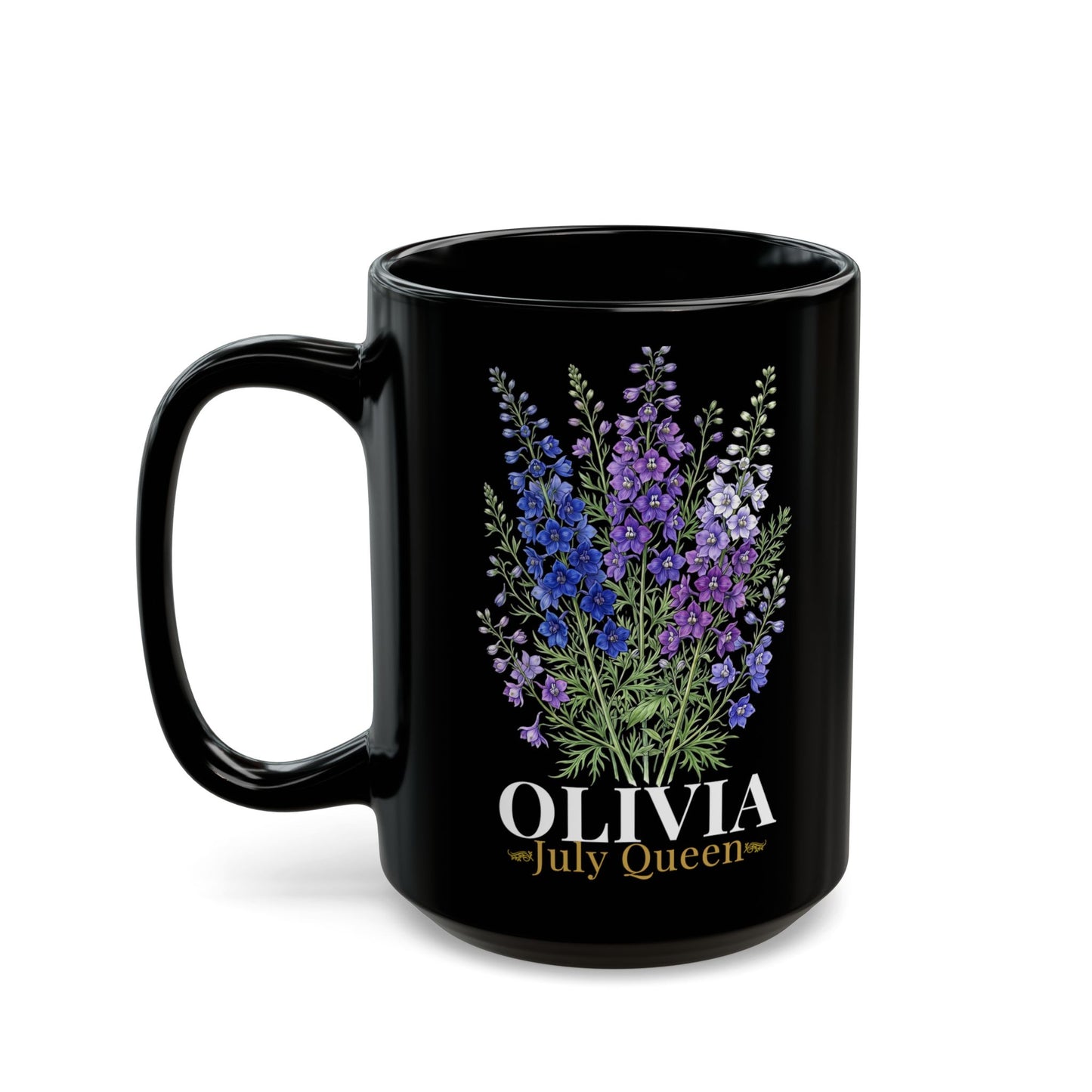 Personalized July Birth Flower Mug – Custom Name Larkspur Floral Coffee Cup, July Queen Gift for Her, Black Mug 11oz 15oz - 14905