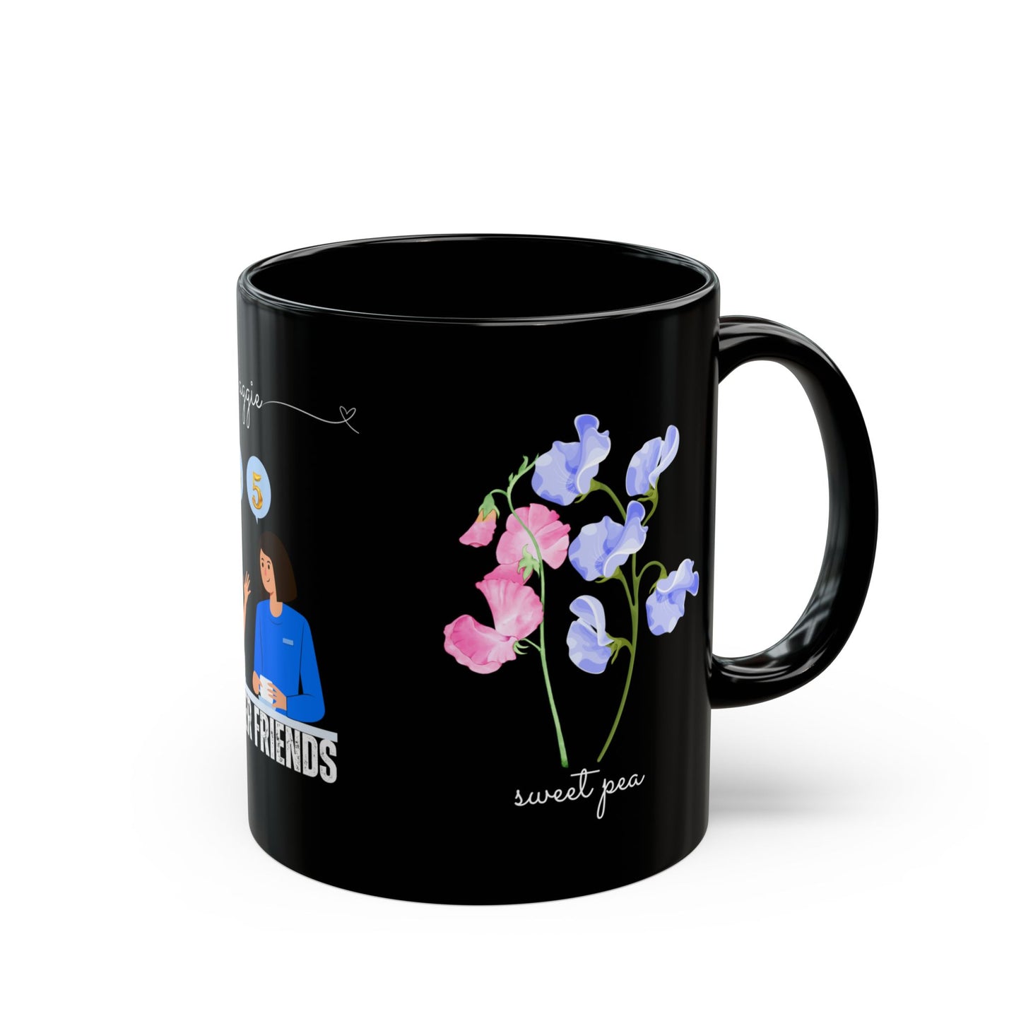Happy Birthday, April, Featuring Daisy and Sweet Pea - Customizable - Ceramic Black Mug (11oz, 15oz) - 10480