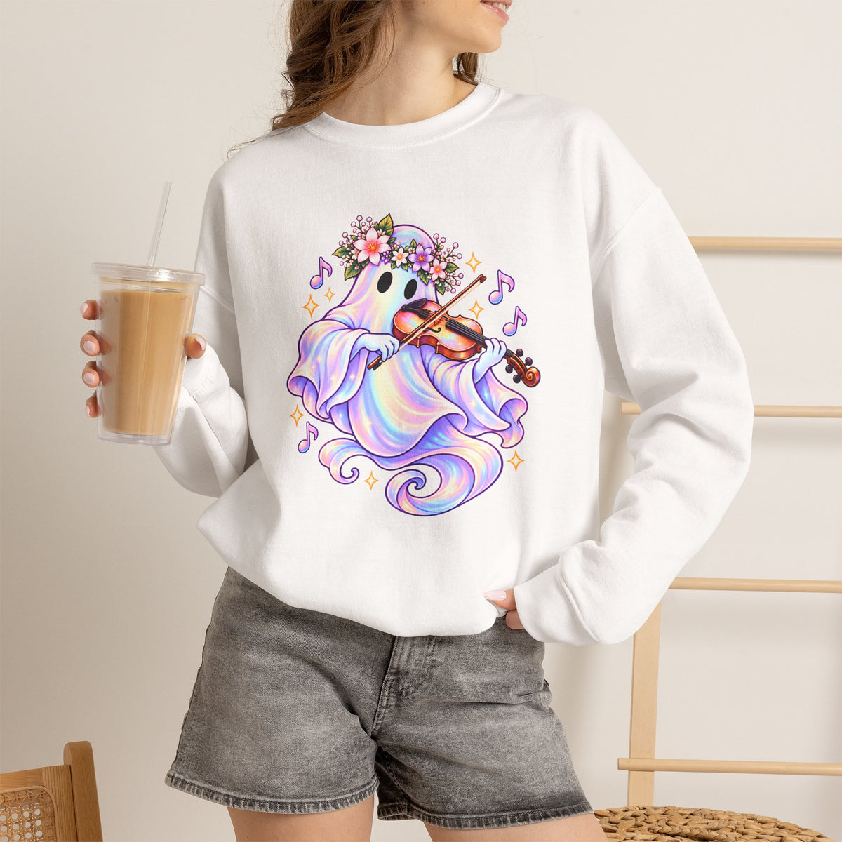 Ghost Violin Sweatshirt — Cute Floral Music Lover Crewneck - 14527
