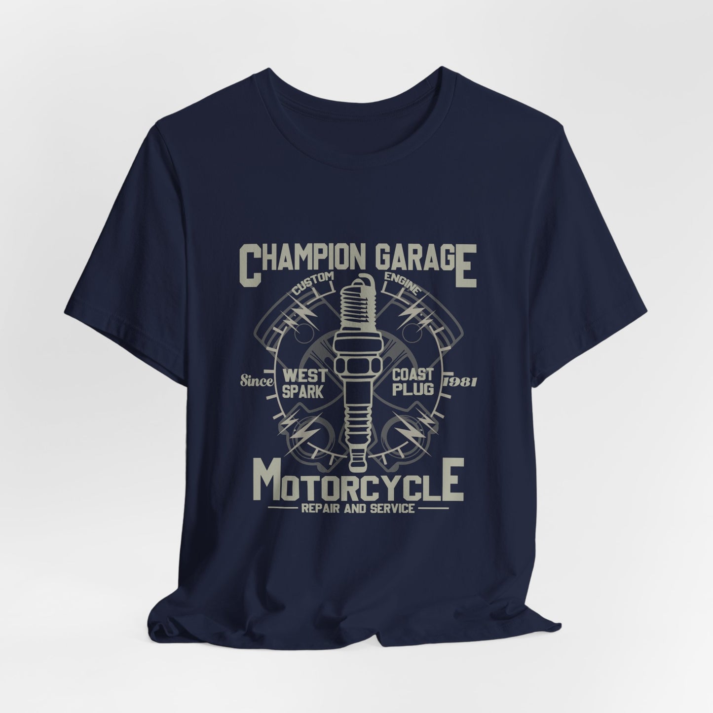 Champion Garage, Motorcycle Repair & Service - Unisex Jersey Short Sleeve Tee