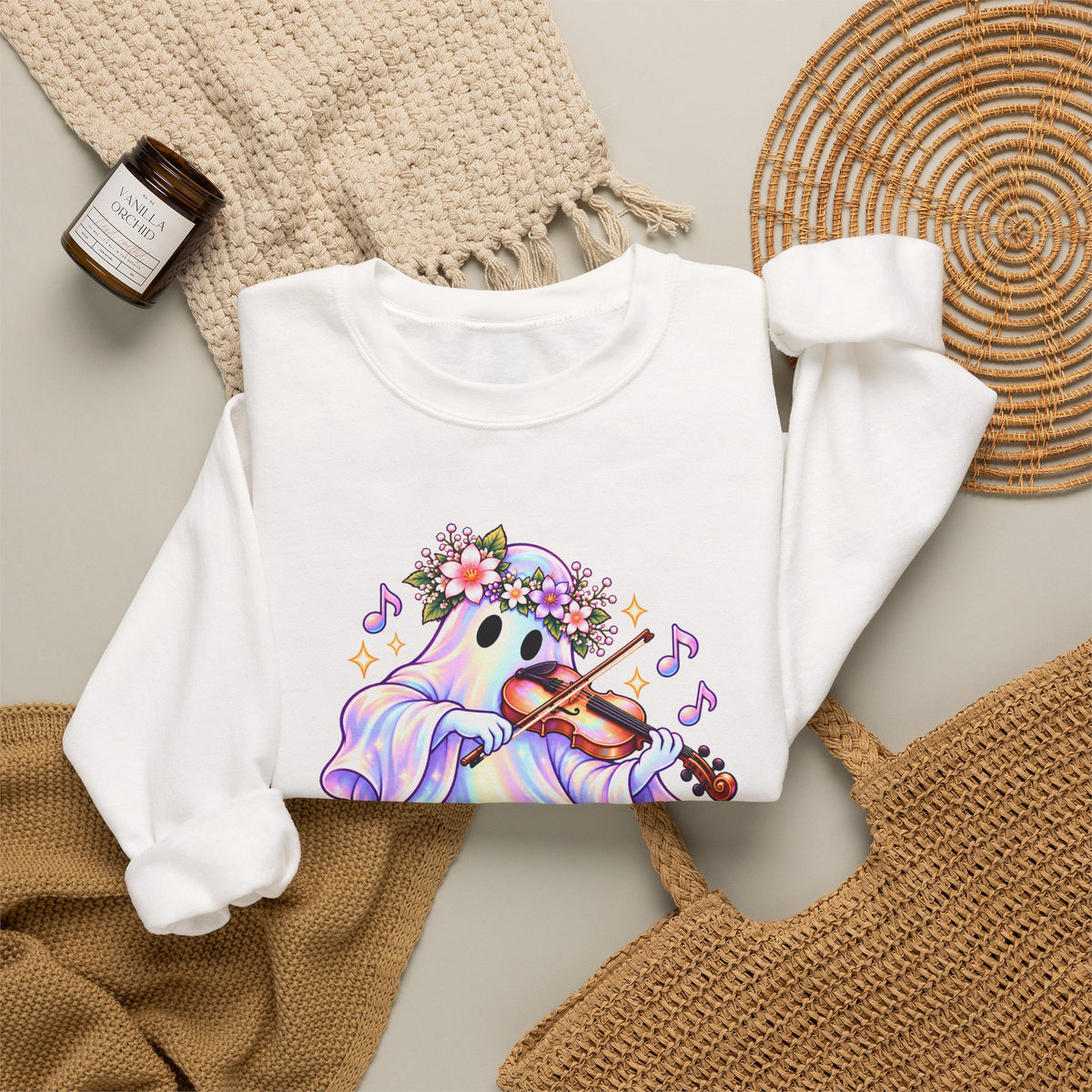 Ghost Violin Sweatshirt — Cute Floral Music Lover Crewneck - 14527