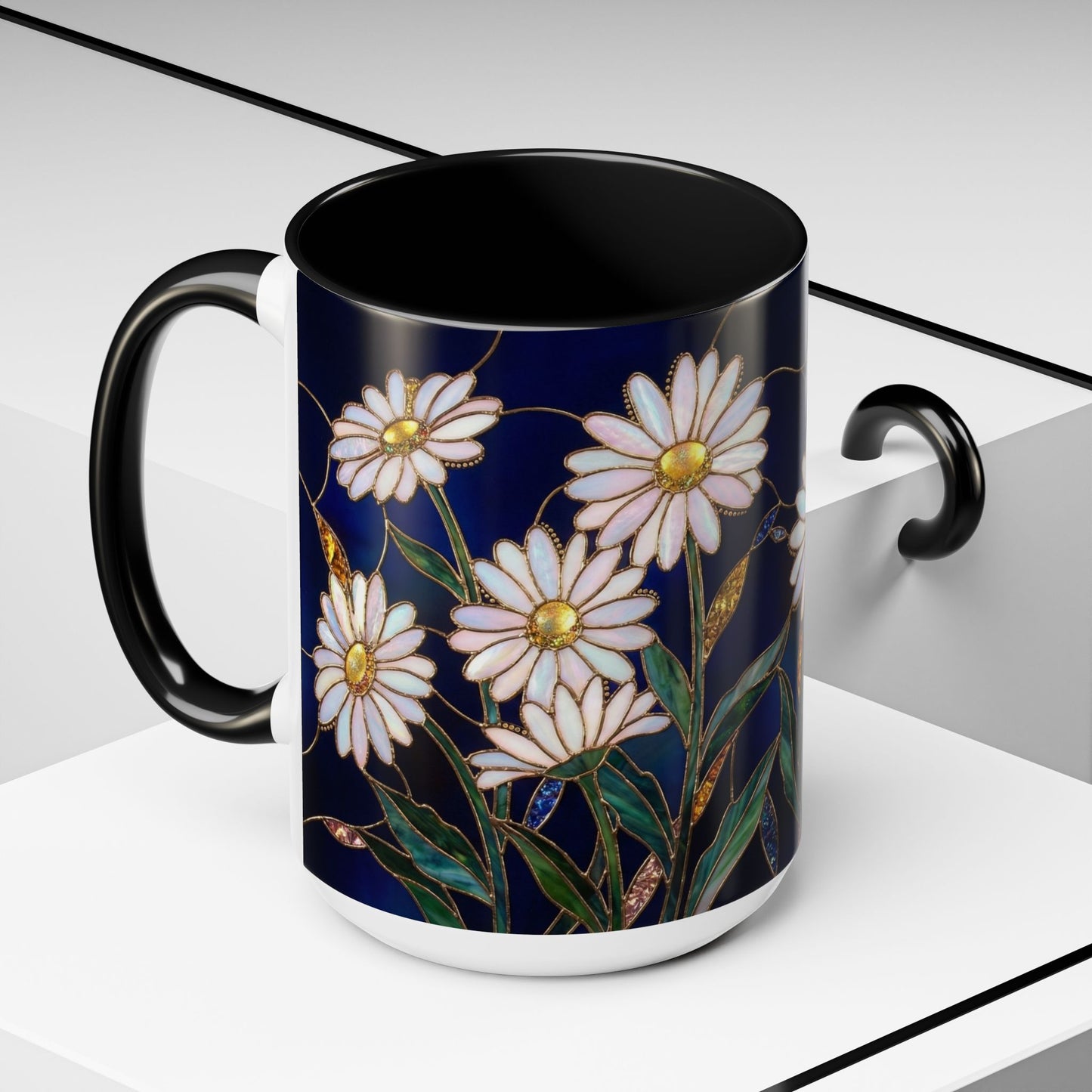 Daisy Floral Accent Coffee Mug — Stained Glass Design (11/15oz) - 14563