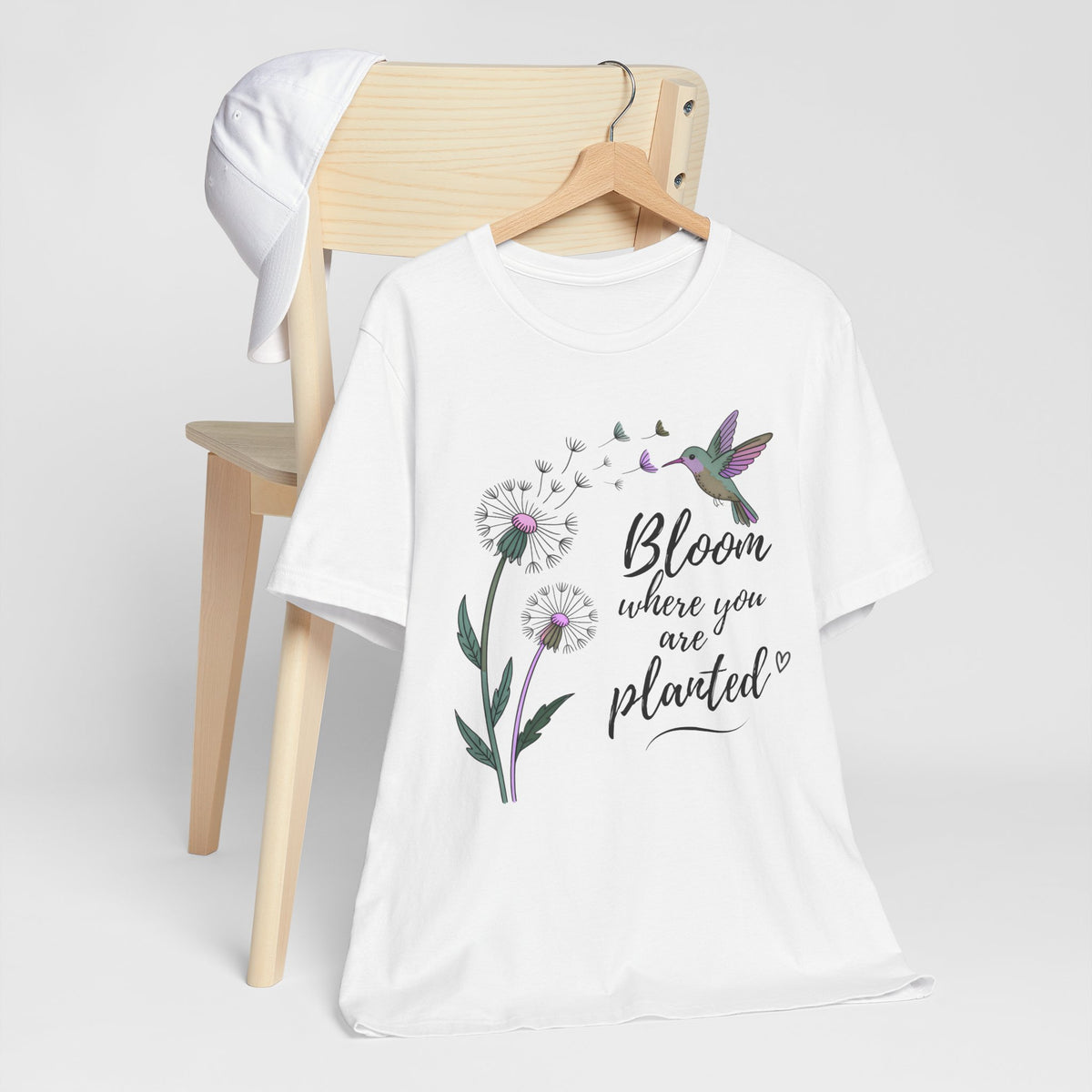 Bloom Where You Are Planted T-Shirt, Hummingbird & Dandelion Floral Graphic Tee - 14927