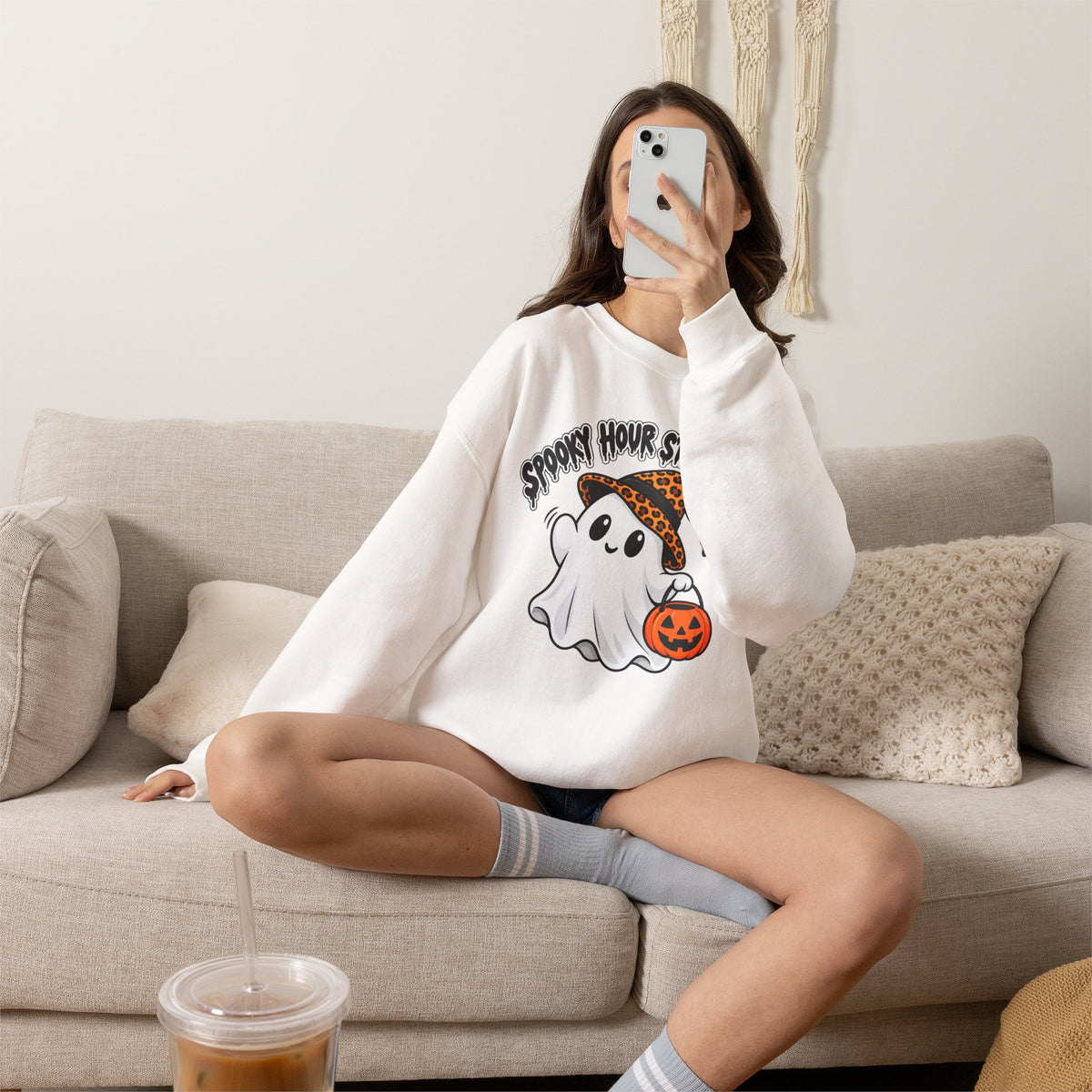 Spooky Hour Starts Now Sweatshirt, Cute Halloween Ghost Crewneck - 14536