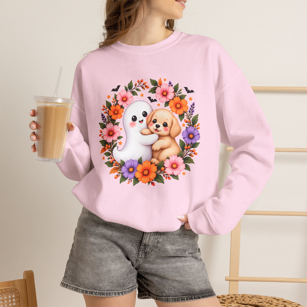 Cute Ghost & Puppy Halloween Sweatshirt,  Floral Crewneck - 14515