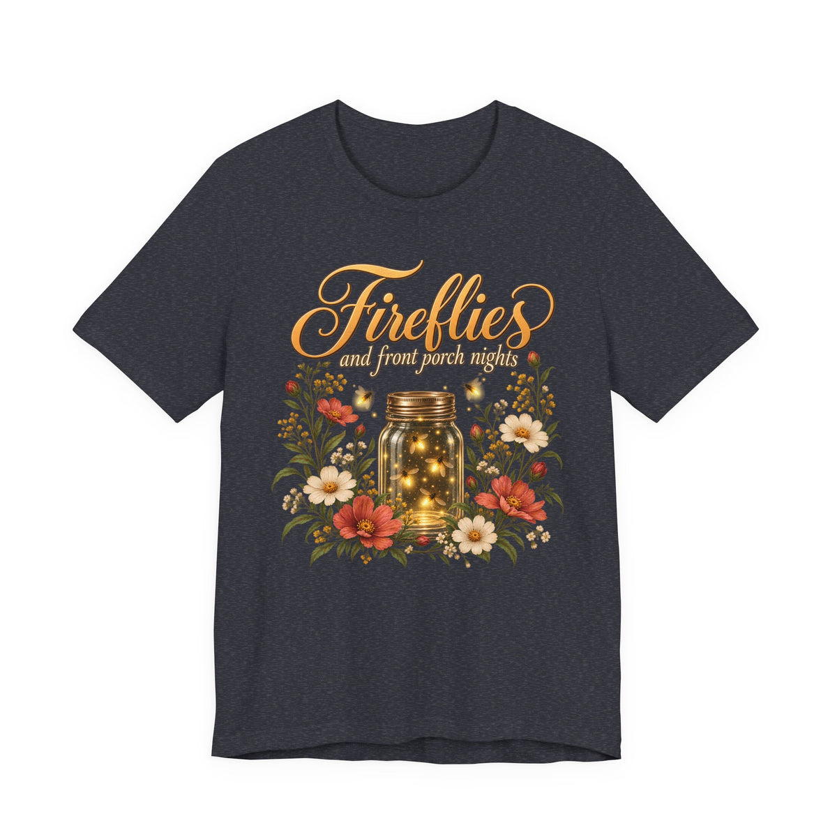 Fireflies and Front Porch Nights T-Shirt, Vintage Floral Mason Jar Tee - 14567
