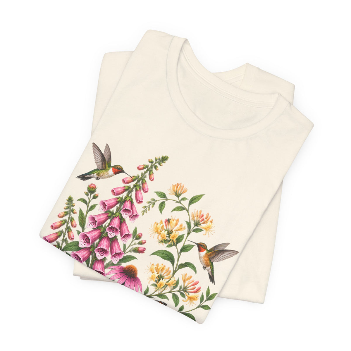 Floral Hummingbird Garden T-Shirt, Wildflower & Butterfly Botanical Tee - 14547
