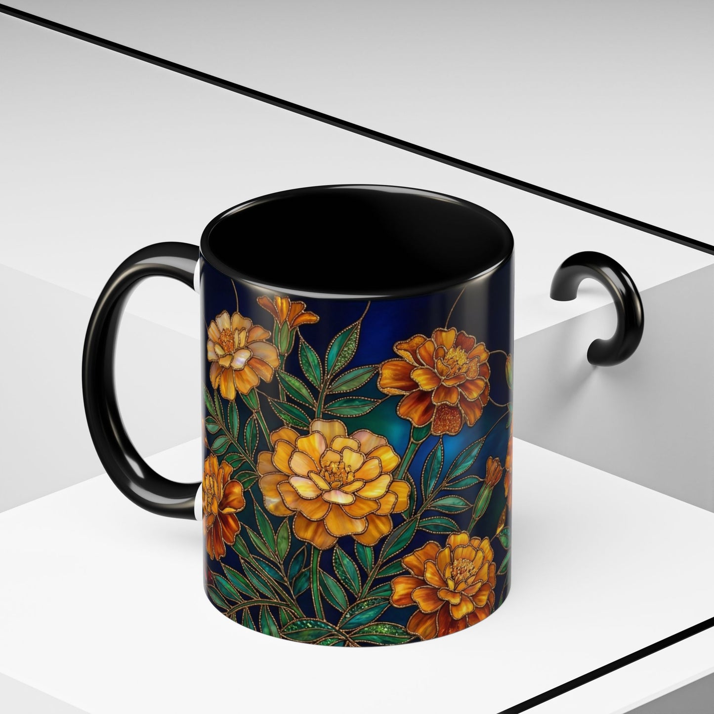 Marigold Floral Accent Coffee Mug — Dark Botanical 11/15oz - 14578