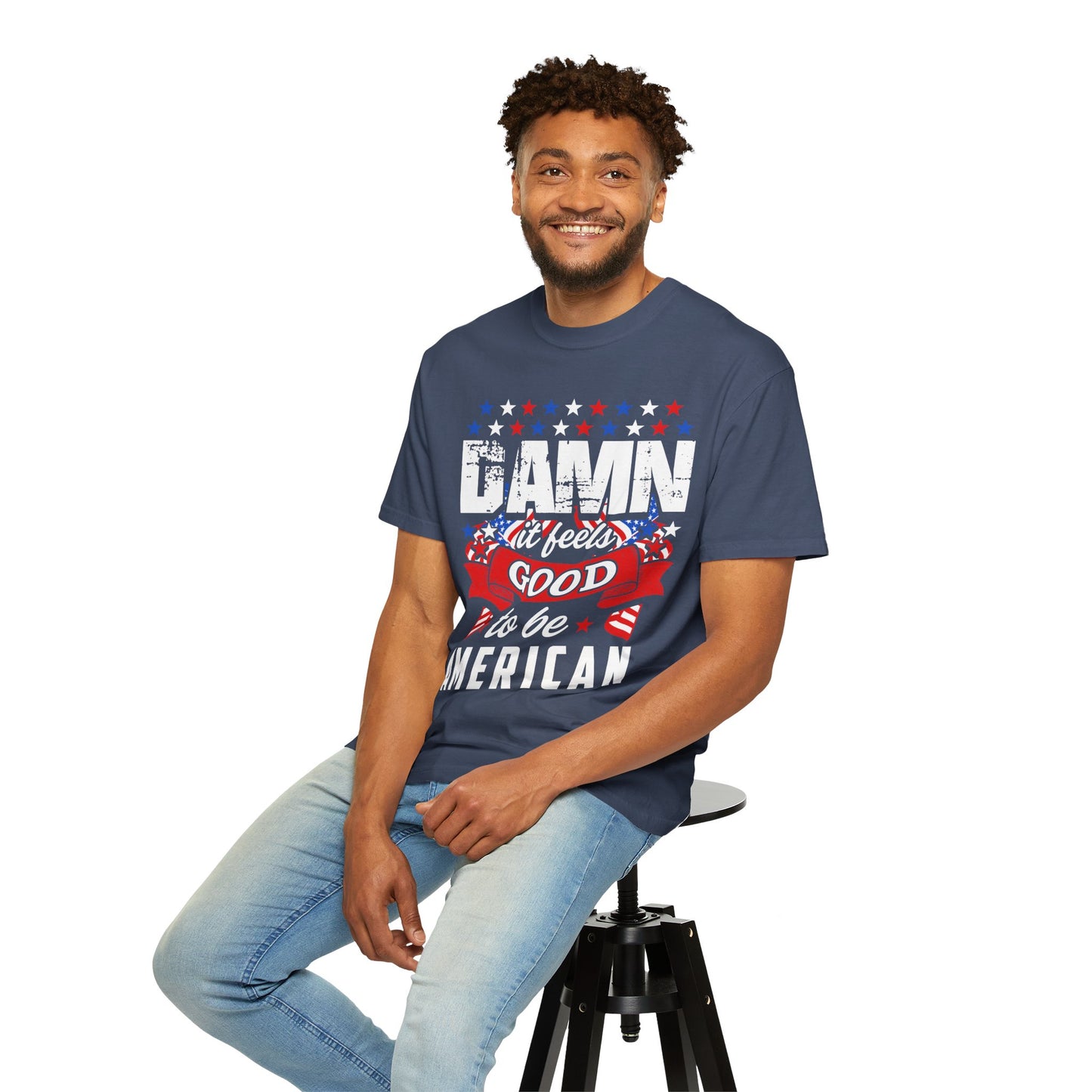 Patriotic T-Shirt with 'Damn it feels Good to be American' Design, Great for 4th of July, BBQs, and Casual Outings, Unisex Top - 13600