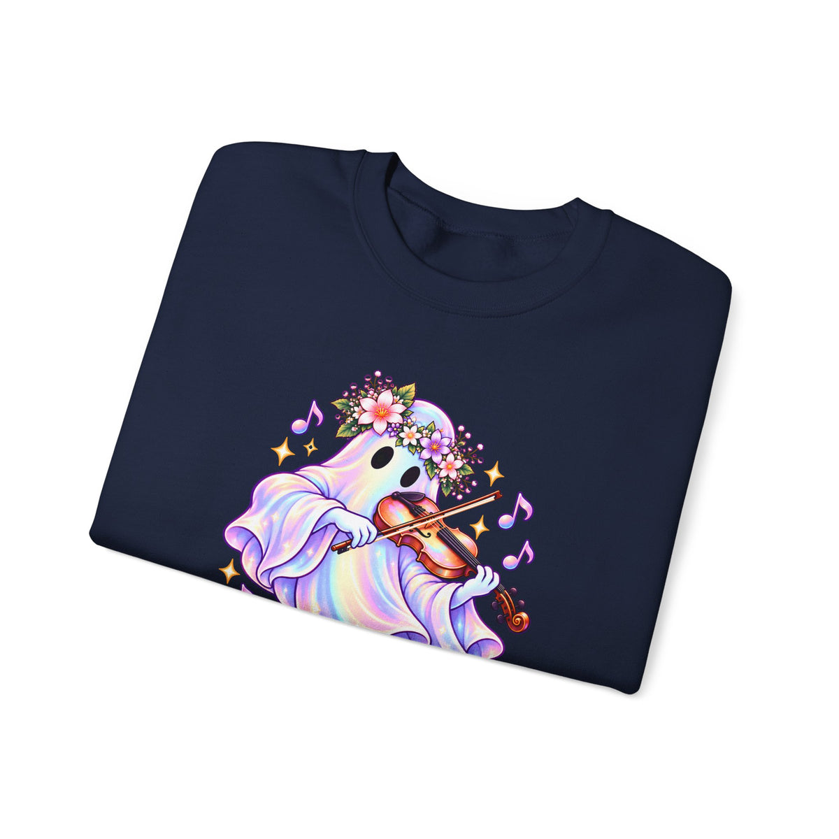 Ghost Violin Sweatshirt — Cute Floral Music Lover Crewneck - 14527