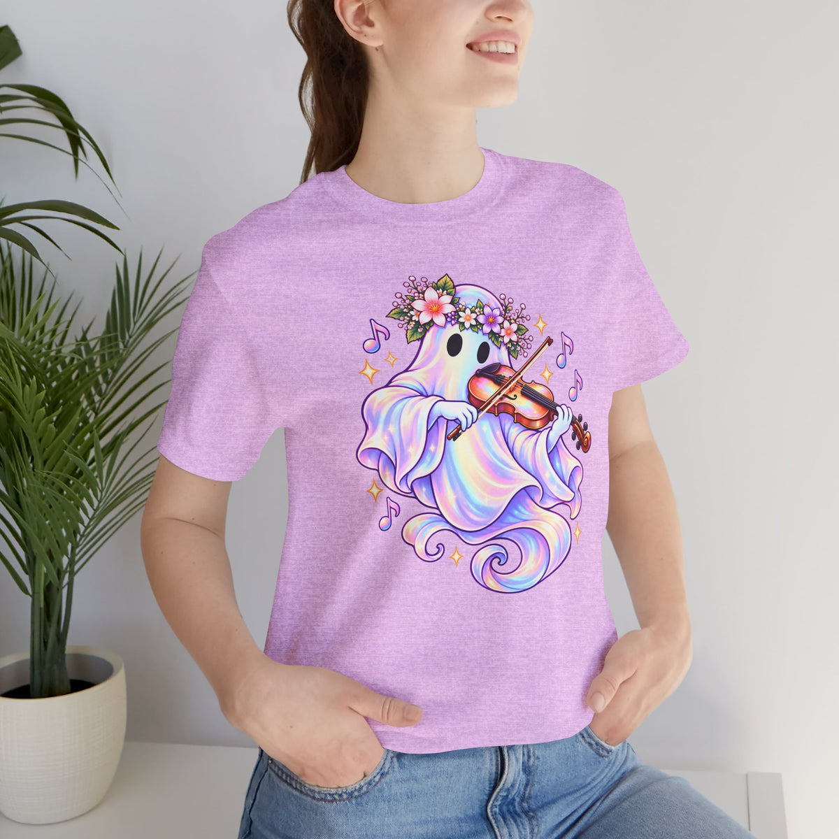 Ghost Violin T-Shirt, Cute Pastel Floral Music Lover Tee - 14528
