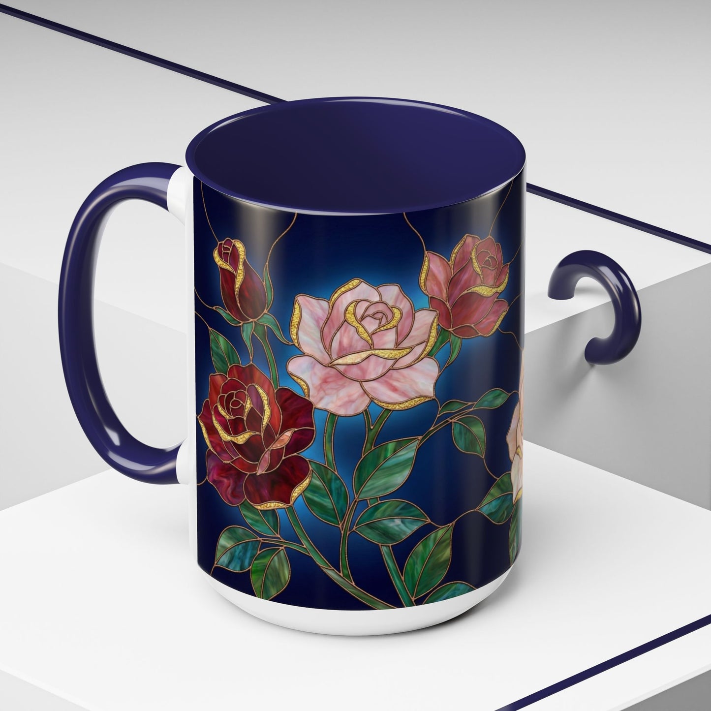 Rose Floral Accent Coffee Mug – Stained Glass Design (11/15oz) - 14551