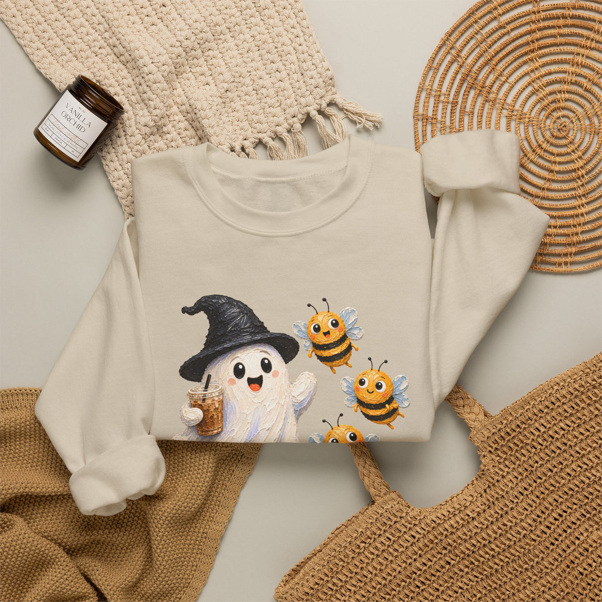 Cute Halloween Ghost & Bees Sweatshirt, Whimsical Witch Hat Crewneck - 14538