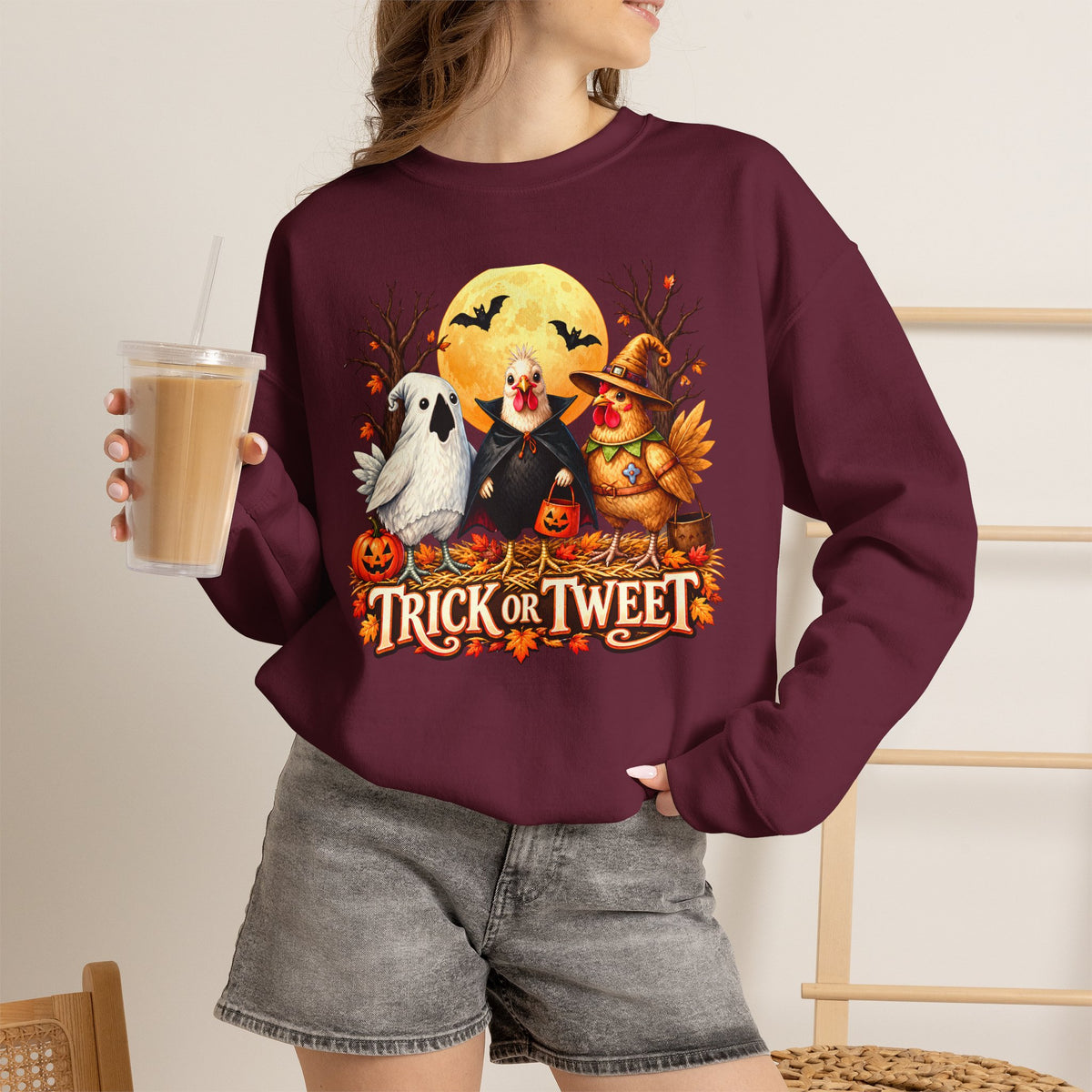 Trick or Tweet Halloween Sweatshirt, Cute Costume Chickens & Ghost Crewneck- 14512