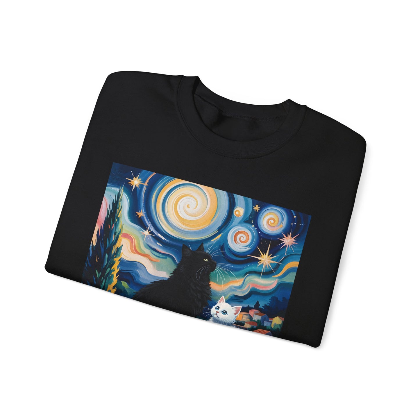 Crewneck Sweatshirt – Starry Night Cats Art, Van Gogh Inspired | Cat Lovers Gift - 14757