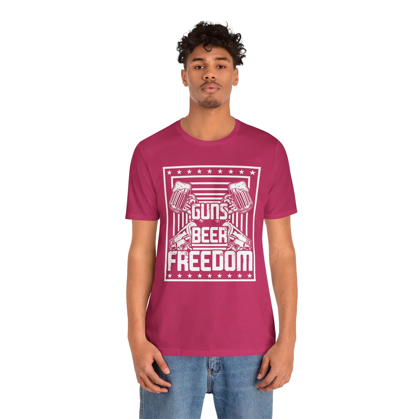 4th of July, Guns Beer Freedom Unisex Tee, Casual Shirt, Patriotic Apparel, Gift for Him, Party Tee, Everyday Wear - 13598