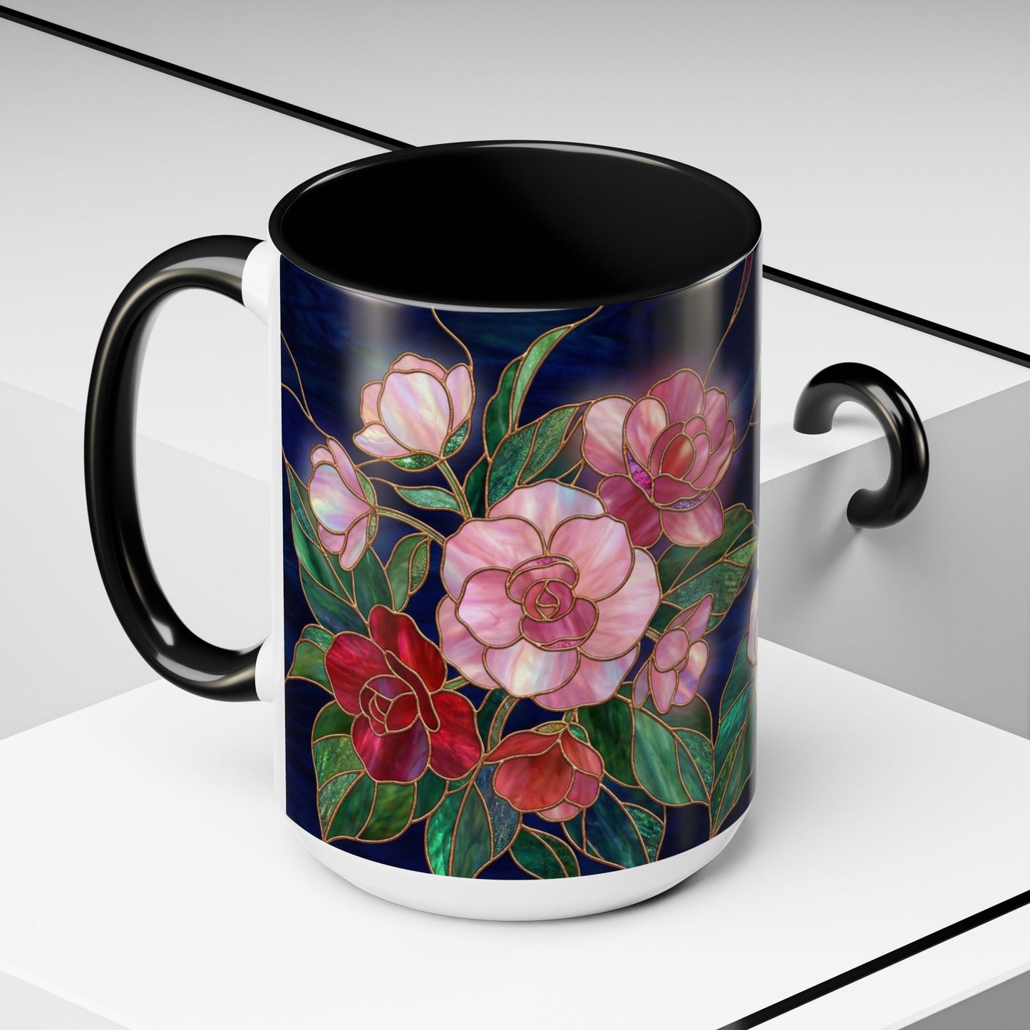 Begonia Floral Accent Coffee Mug – Stained Glass Design 11/15oz - 14555