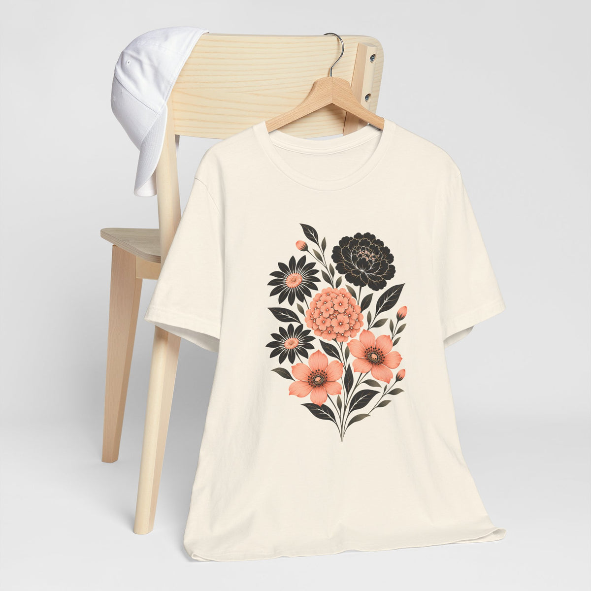 Floral Bouquet T-Shirt, Peach & Black Garden Flower Tee - 14502