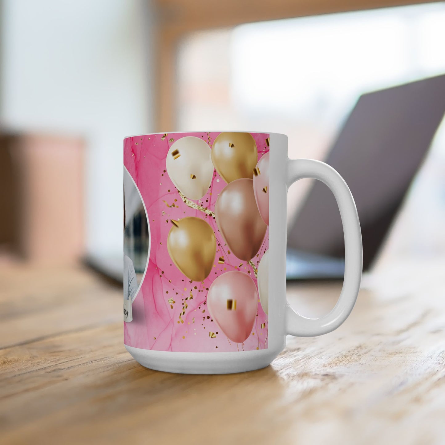 Happy Birthday Ceramic Mug, Personalized Gift, Celebration Drinkware, Pink Balloon Coffee Cup, Custom Photo Mug - 13992