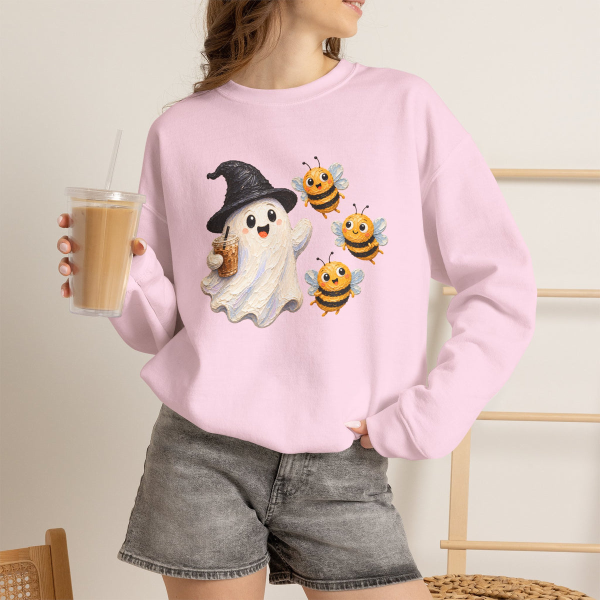 Cute Halloween Ghost & Bees Sweatshirt, Whimsical Witch Hat Crewneck - 14538