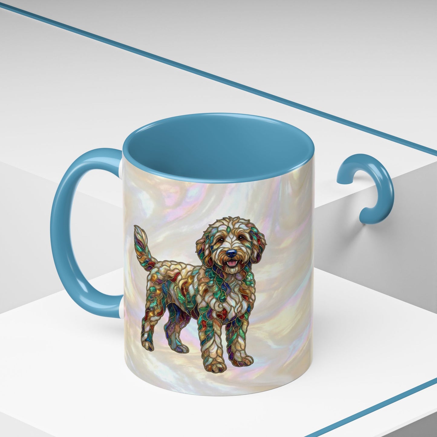 Personalized Dog (Goldendoodle) Coffee Mug - Accent Ceramic Mug with Name and Stained Glass Design - 14530