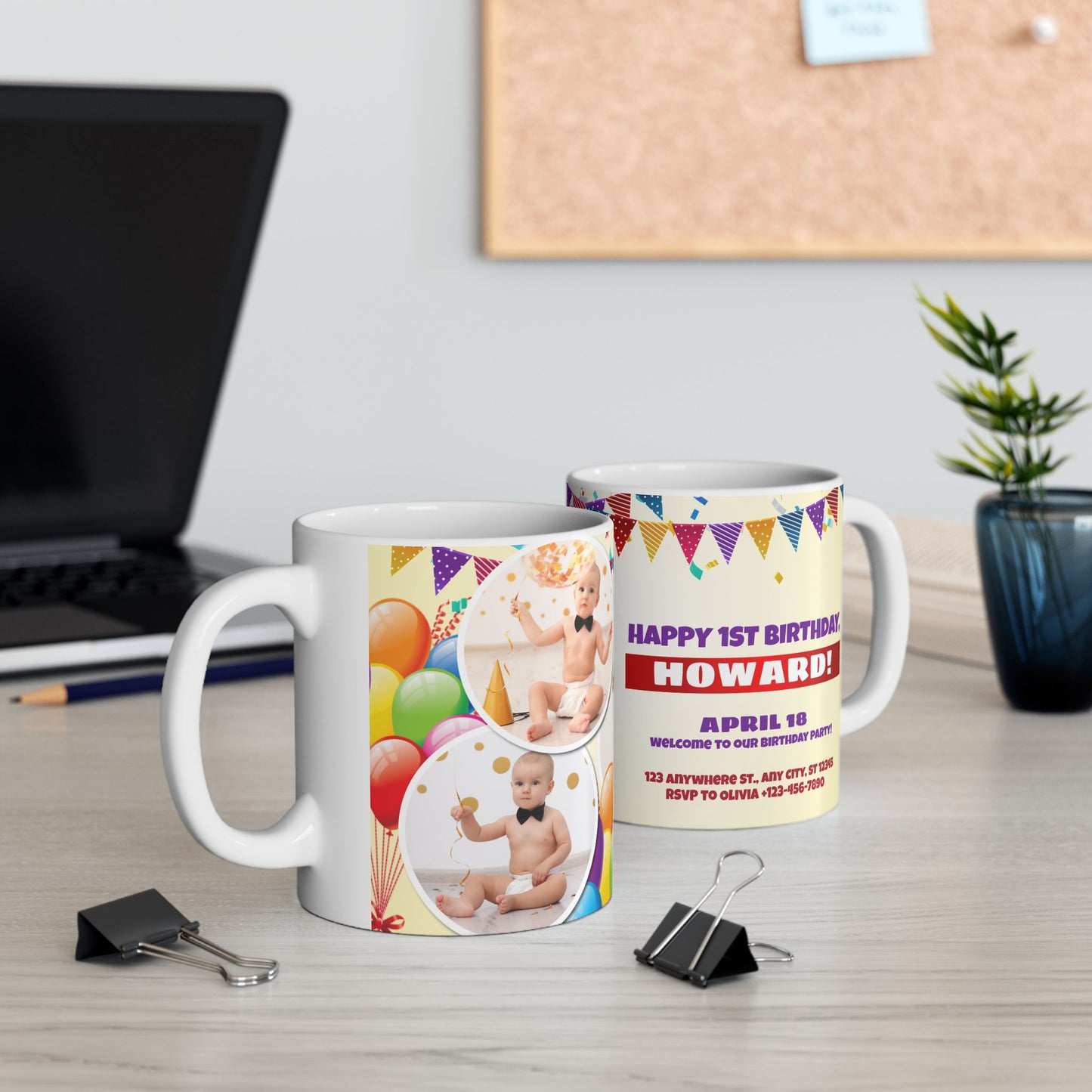 Personalized Birthday Ceramic Mug - Custom 1st Birthday Celebration Cup, Party Favor, Kid's Birthday Gift, Colorful Balloons, Fun Memories - 13997