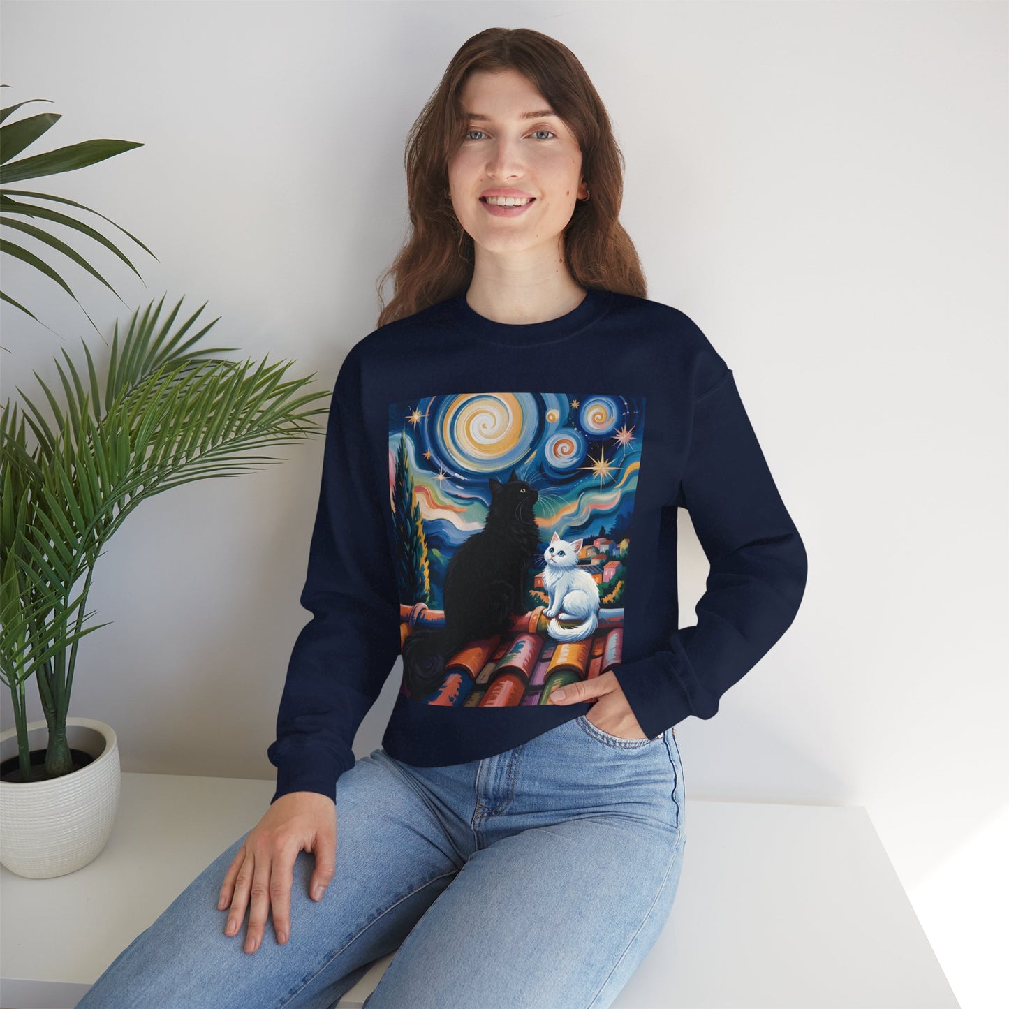 Crewneck Sweatshirt – Starry Night Cats Art, Van Gogh Inspired | Cat Lovers Gift - 14757