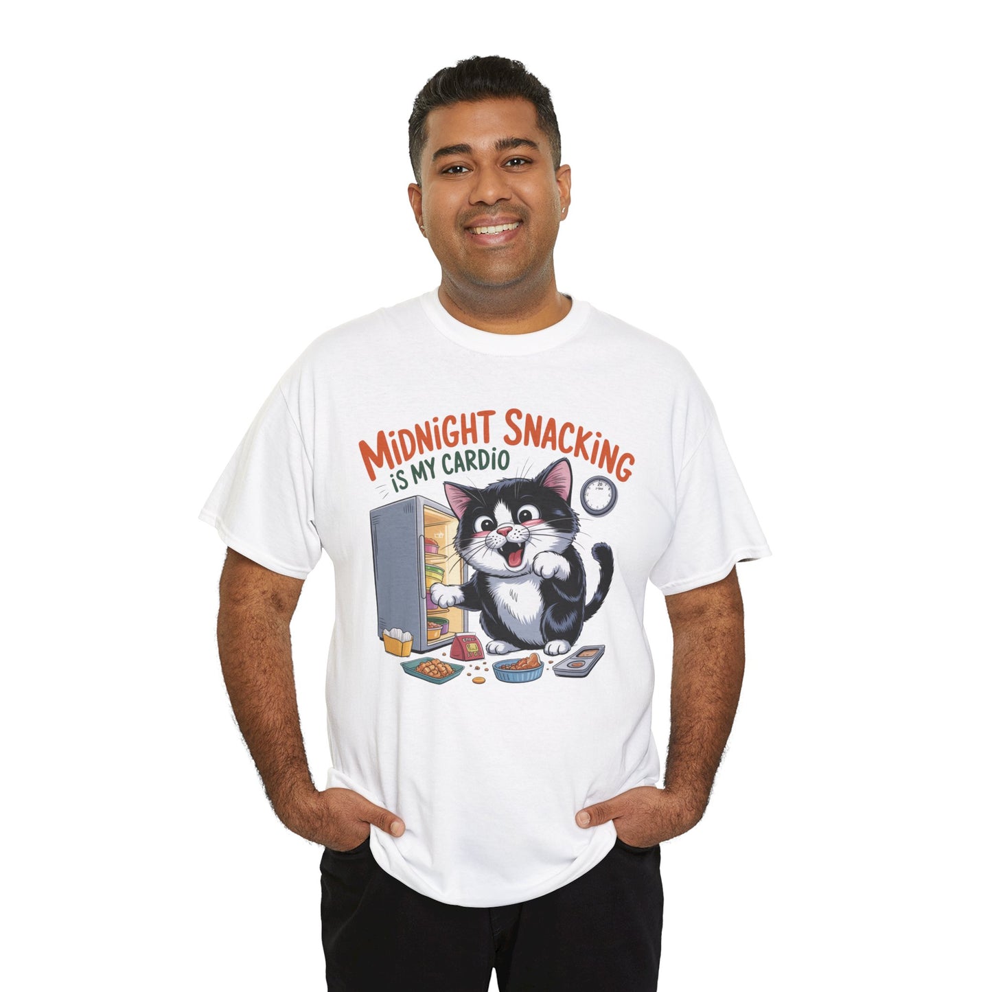 Midnight Snacking Is My Cardio T-Shirt — Funny Cat Graphic Tee, Cute Food Lover Gift - 14865