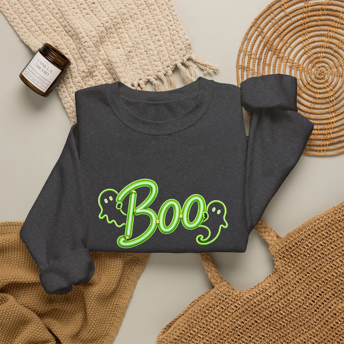 Neon Boo Halloween Sweatshirt, Cute Ghost Crewneck - 14517