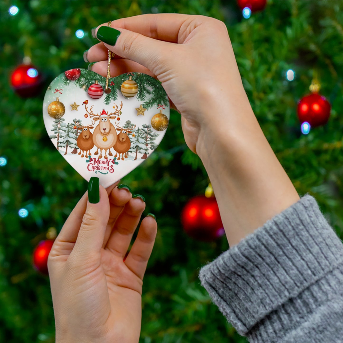 Christmas Deers - Ceramic Ornament, 4 Shapes